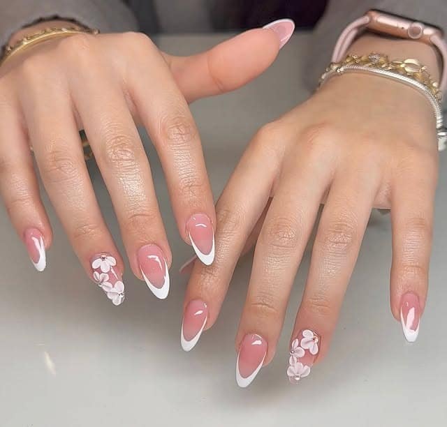 21. White French Floral Almond Nails - almond nail ideas