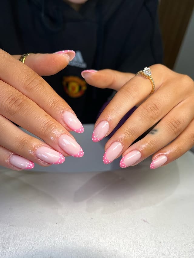22. Pink Polka Dot French Almond Nails - almond nail ideas