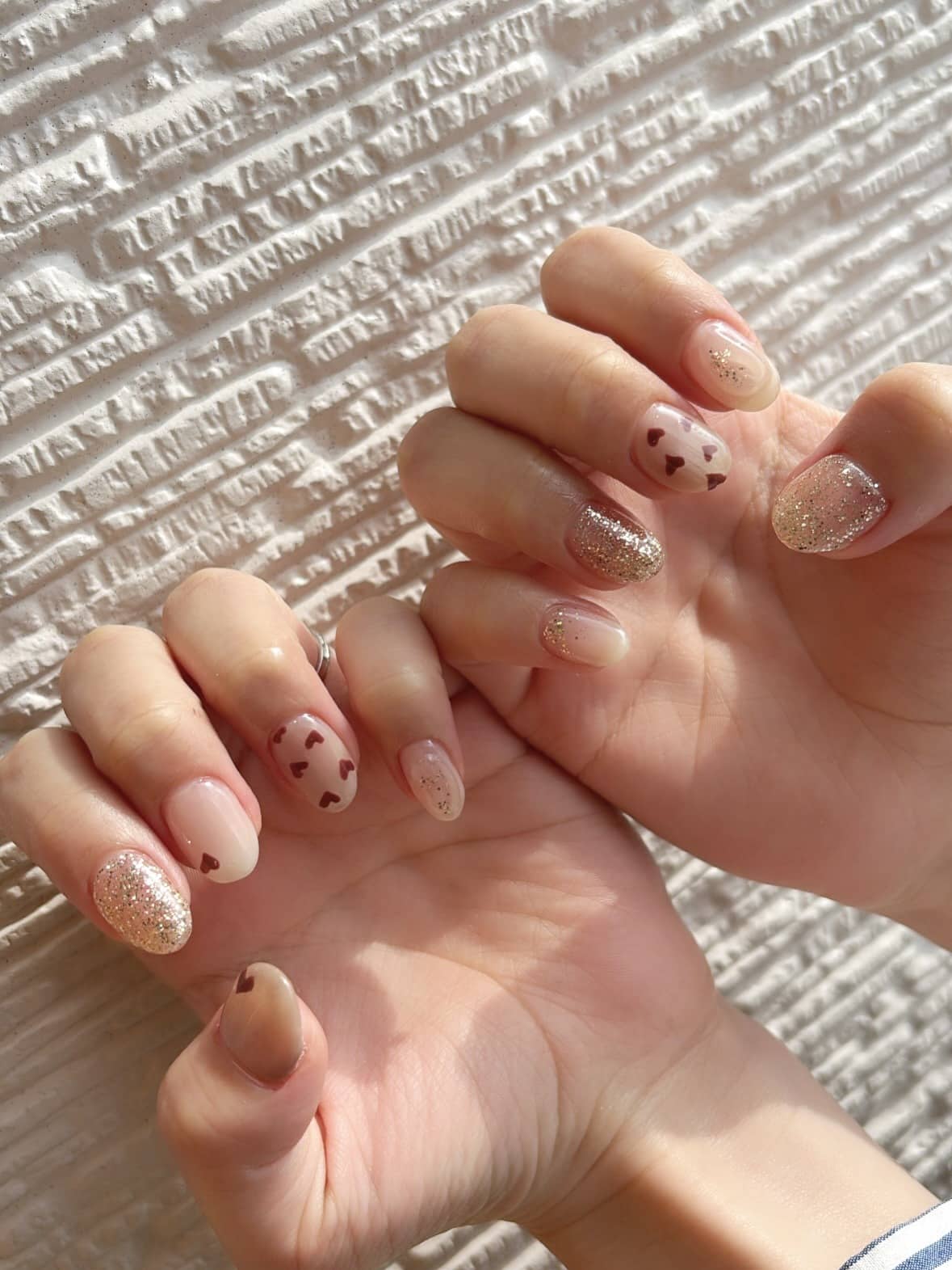 13. Nude Heart Accent Glitter Nails - office nail ideas