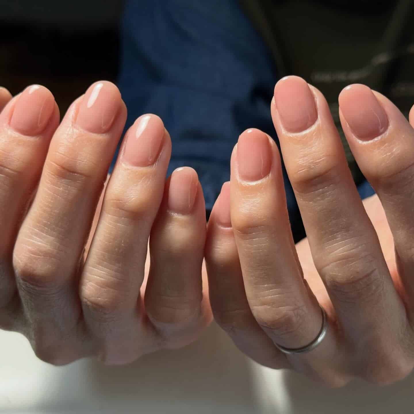 14. Glossy Dusty Rose Short Nails - office nail ideas
