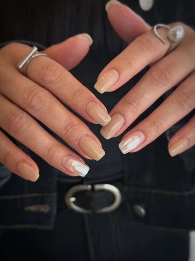 18. Beige Marble Accent Square Nails - office nail ideas