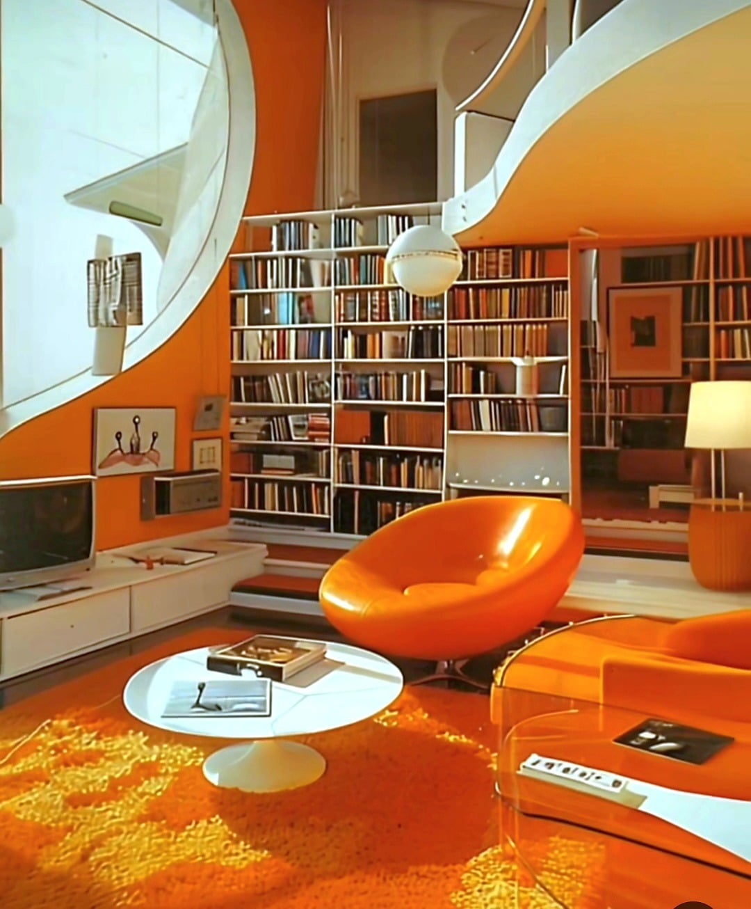 3. Futuristic Burnt Orange Lounge with Vintage Modern Style - orange living room ideas