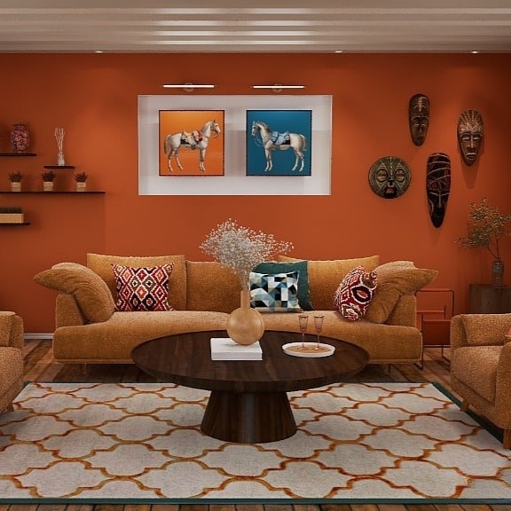 6. Rustic Copper Orange Living Room with Cultural Decor - orange living room ideas