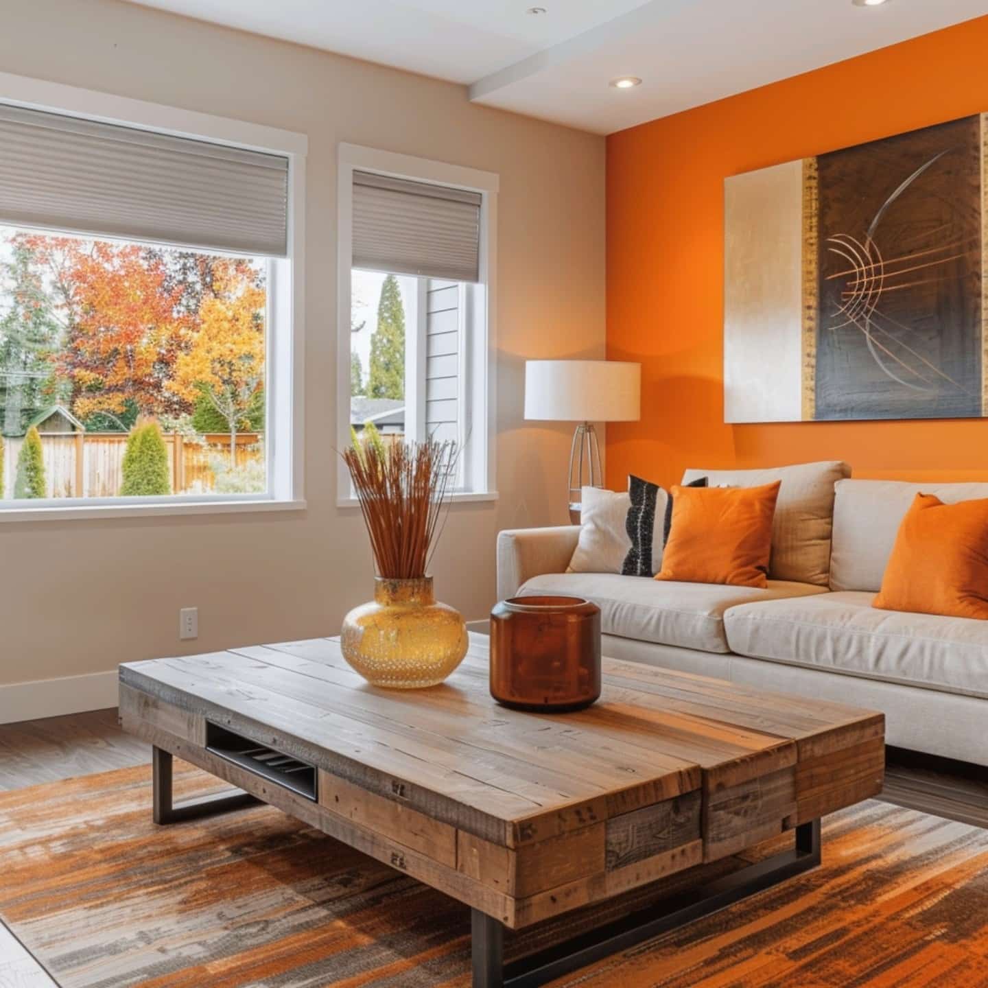 8. Contemporary Orange Accent Wall with Natural Wood Elements - orange living room ideas