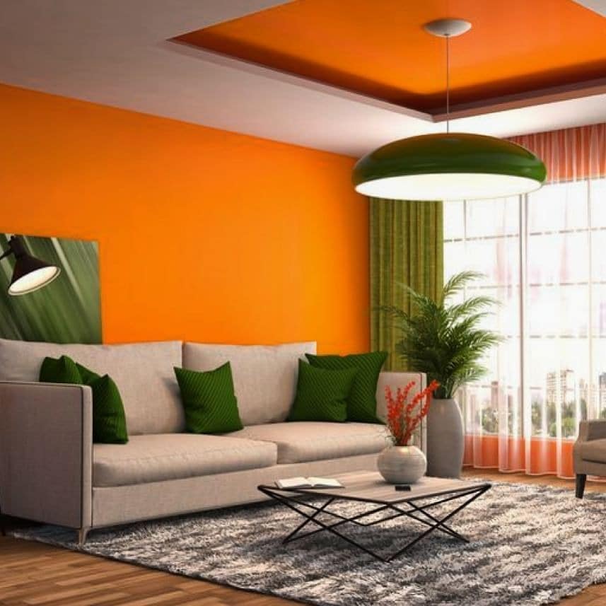 16. Contemporary Orange Accent Wall with Olive Green Decor - orange living room ideas