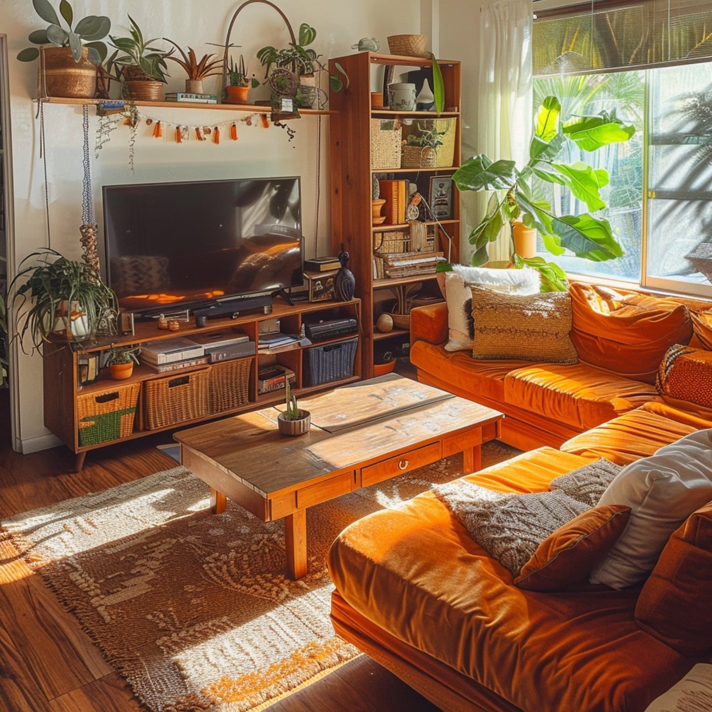 17. Cozy Rust Orange Living Room with Bohemian Plant Styling - orange living room ideas