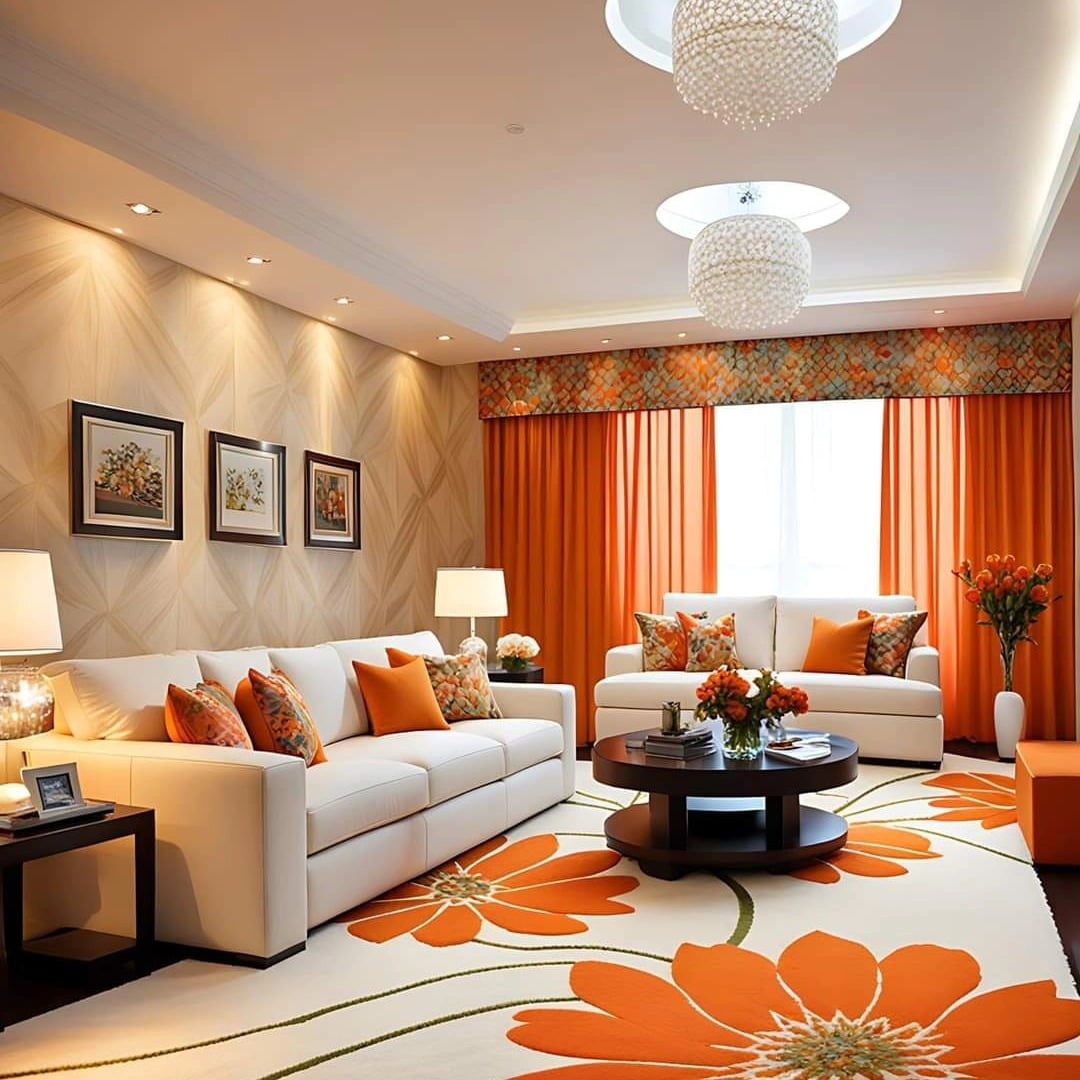 19. Elegant Orange and White Living Room with Floral Accents - orange living room ideas