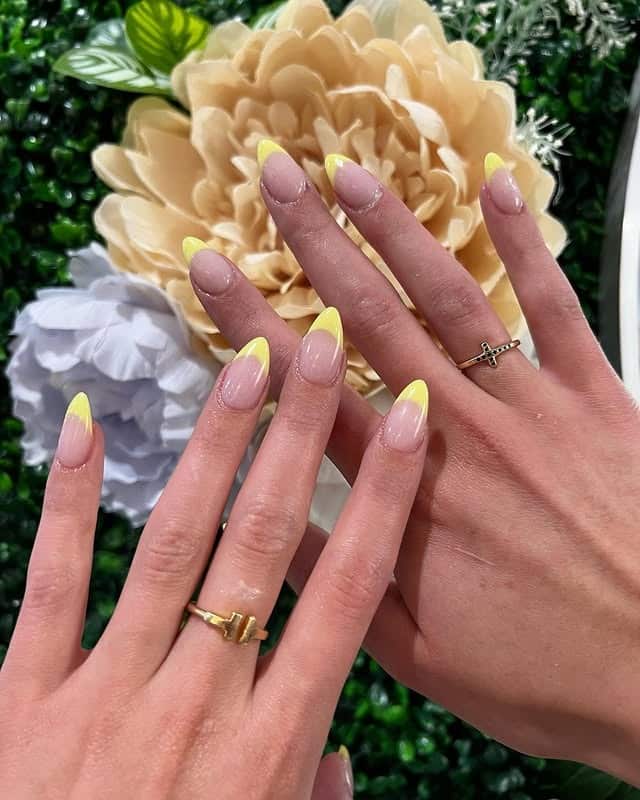 6. Neon Yellow Almond French Tip Nails - yellow french tip nail ideas