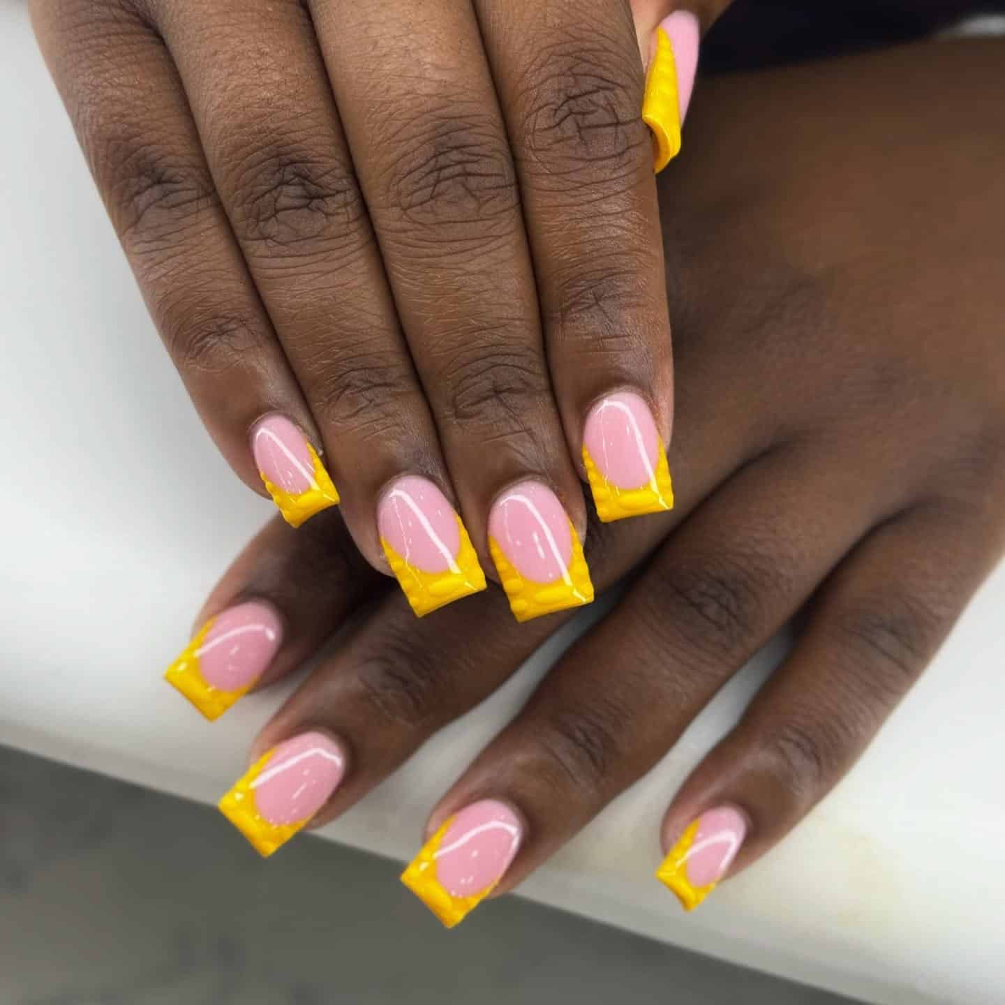 8. Textured Yellow French Tip Square Nails - yellow french tip nail ideas