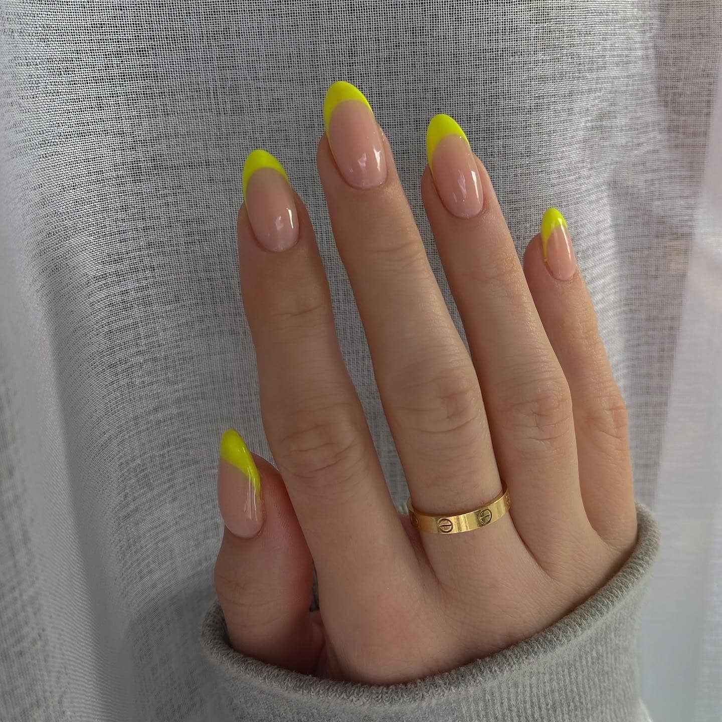 13. Neon Yellow French Tip Almond Nails - yellow french tip nail ideas