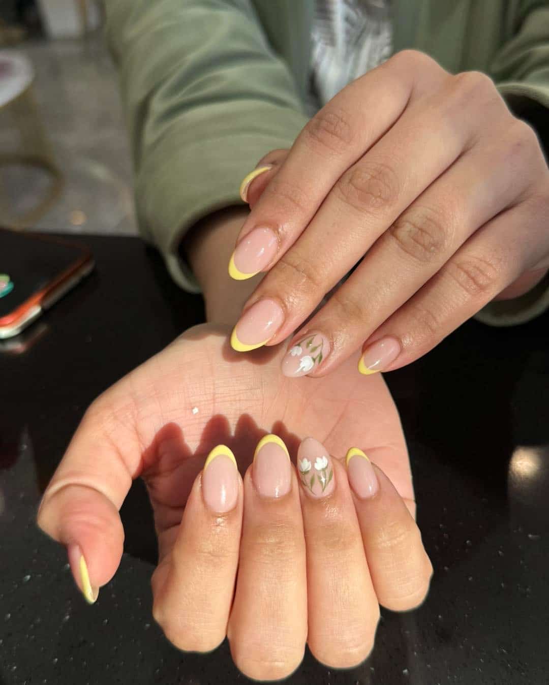 14. Yellow French Tip Nails with White Floral Art - yellow french tip nail ideas