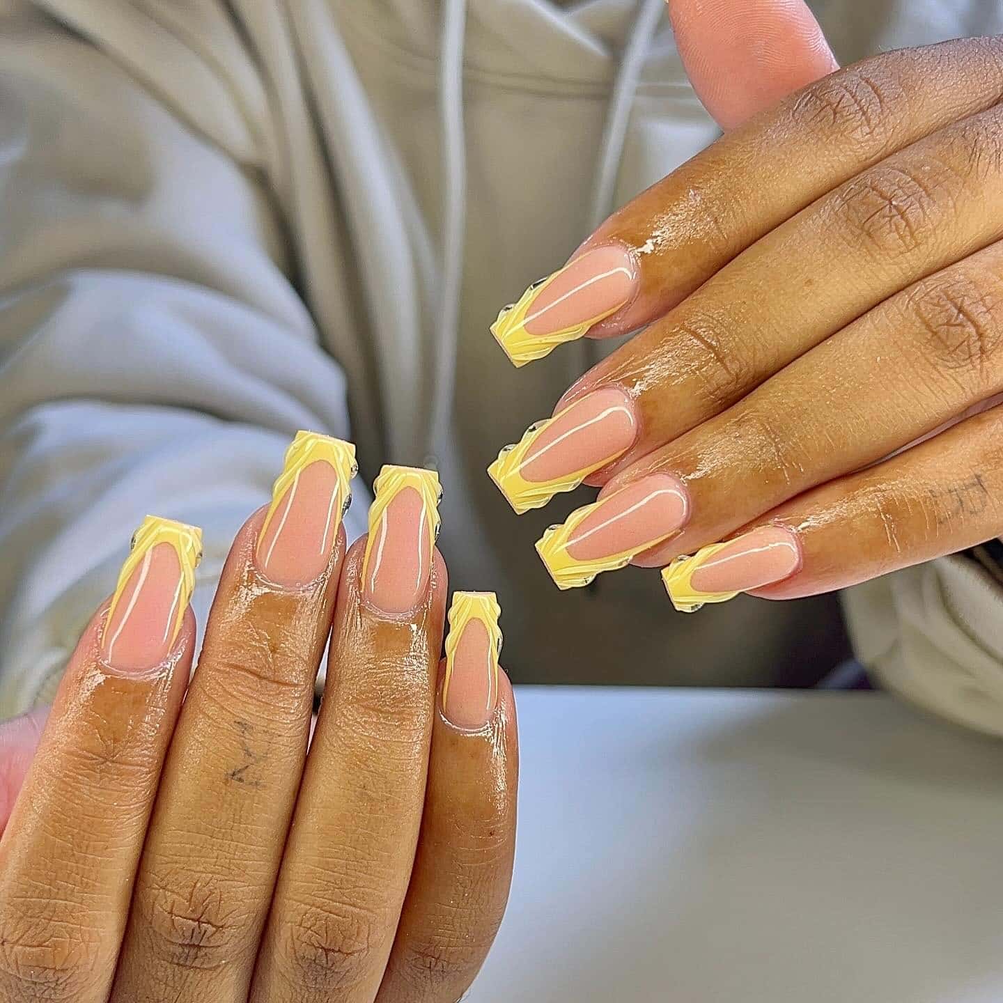 16. Textured Lemon French Tip Square Nails - yellow french tip nail ideas