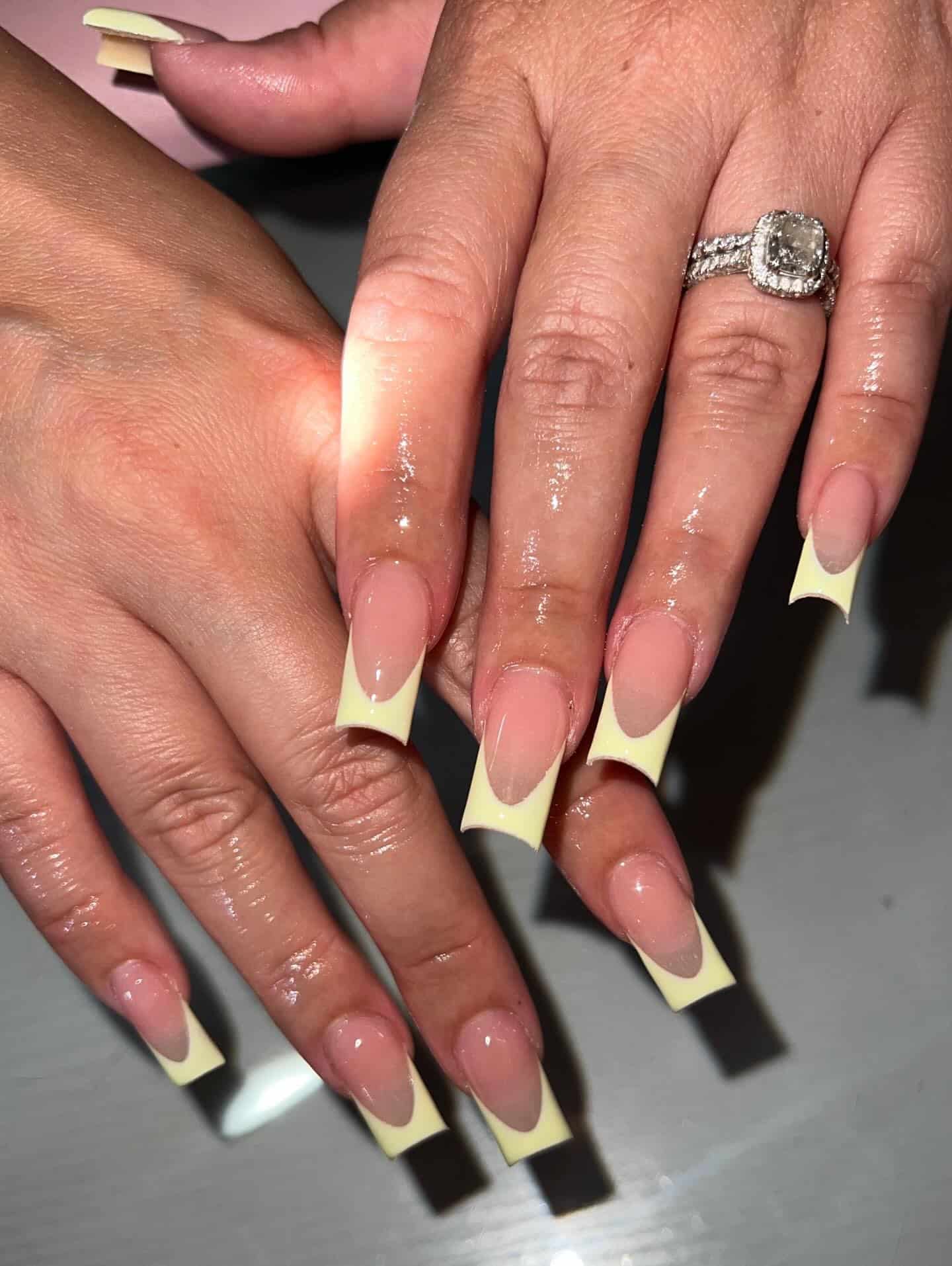 18. Extra Long Yellow French Tip Square Nails - yellow french tip nail ideas