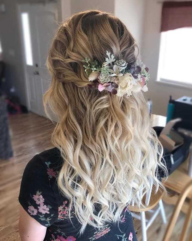 5. Half-Up Blonde Waves with Floral Detail - Tousled Hairstyles