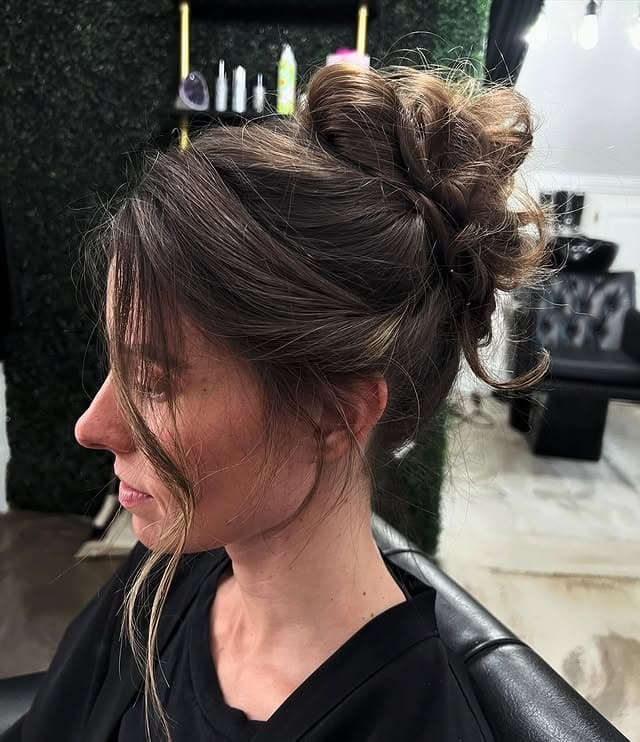 22. Textured Mushroom Brown Messy Bun - Tousled Hairstyles