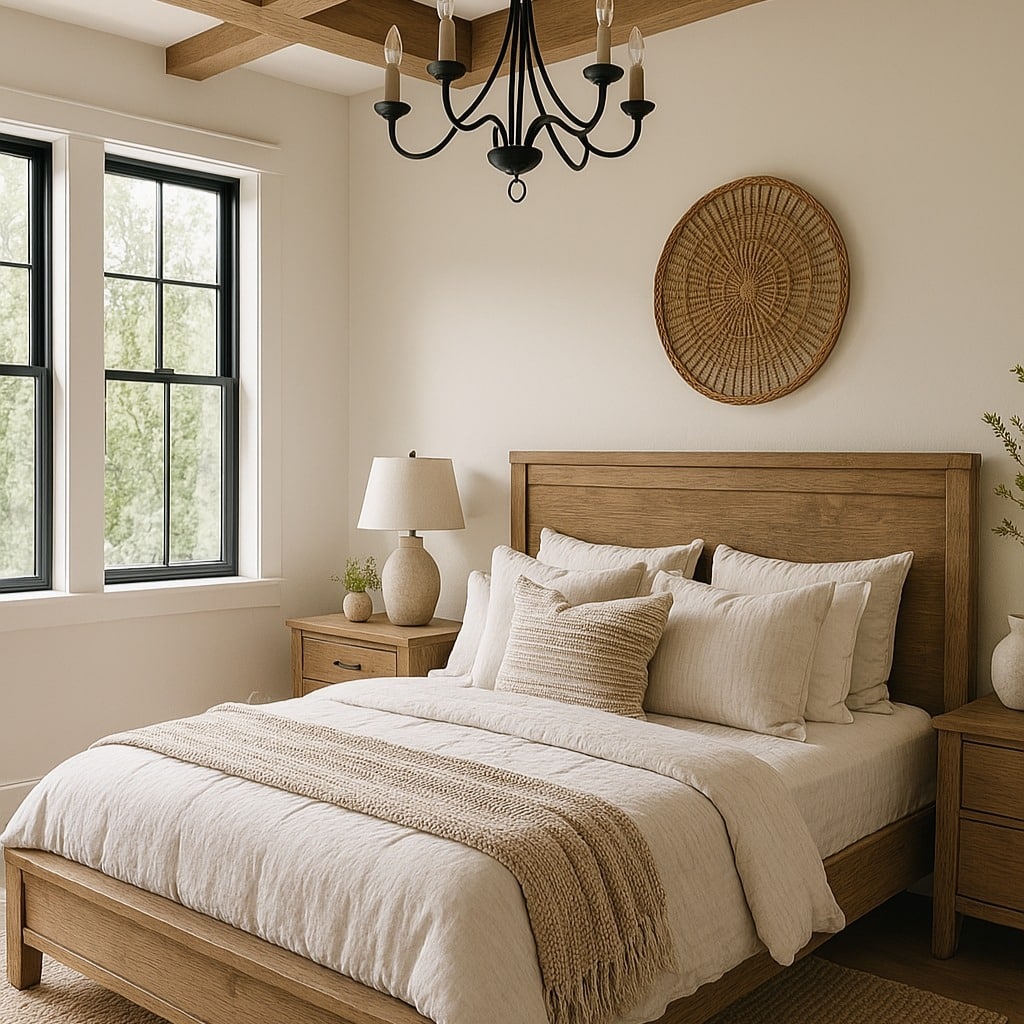 2. Warm Oak Farmhouse Bedroom with Neutral Bedding - farmhouse bedroom ideas