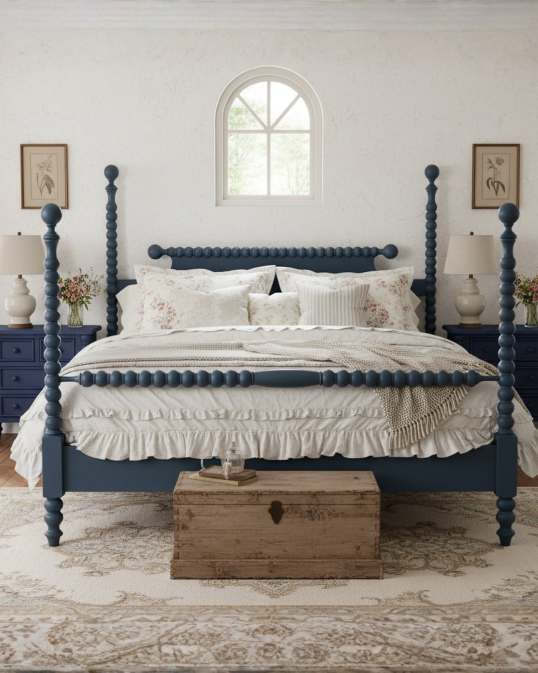 5. Navy Blue Farmhouse Bedroom with Vintage Charm - farmhouse bedroom ideas