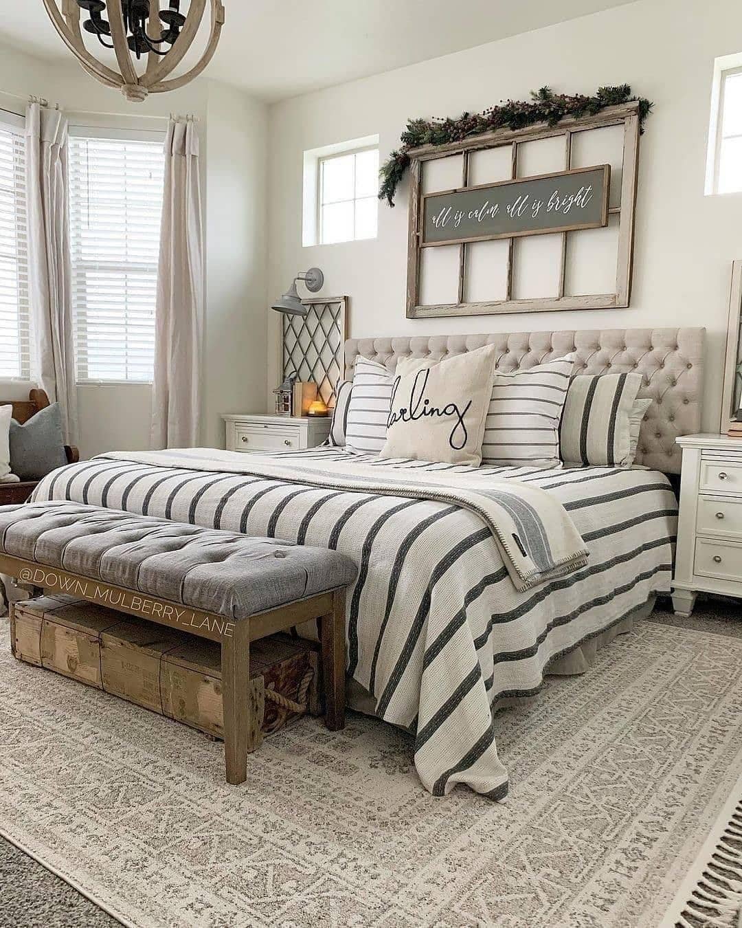 6. Classic Farmhouse Bedroom with Gray Stripe Bedding - farmhouse bedroom ideas