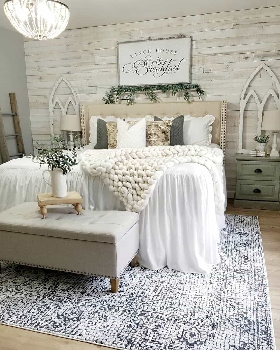 7. Rustic White Farmhouse Bedroom with Shiplap Wall - farmhouse bedroom ideas