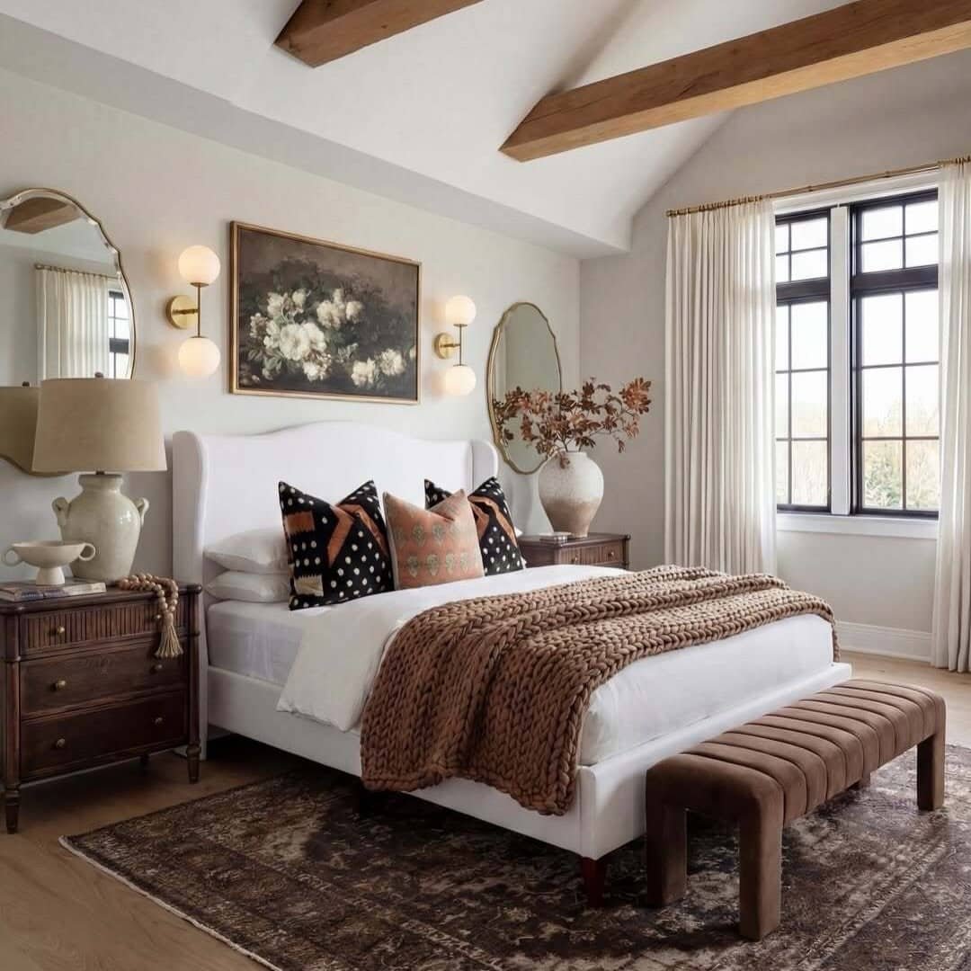8. Elegant Farmhouse Bedroom with Dark Wood Accents - farmhouse bedroom ideas