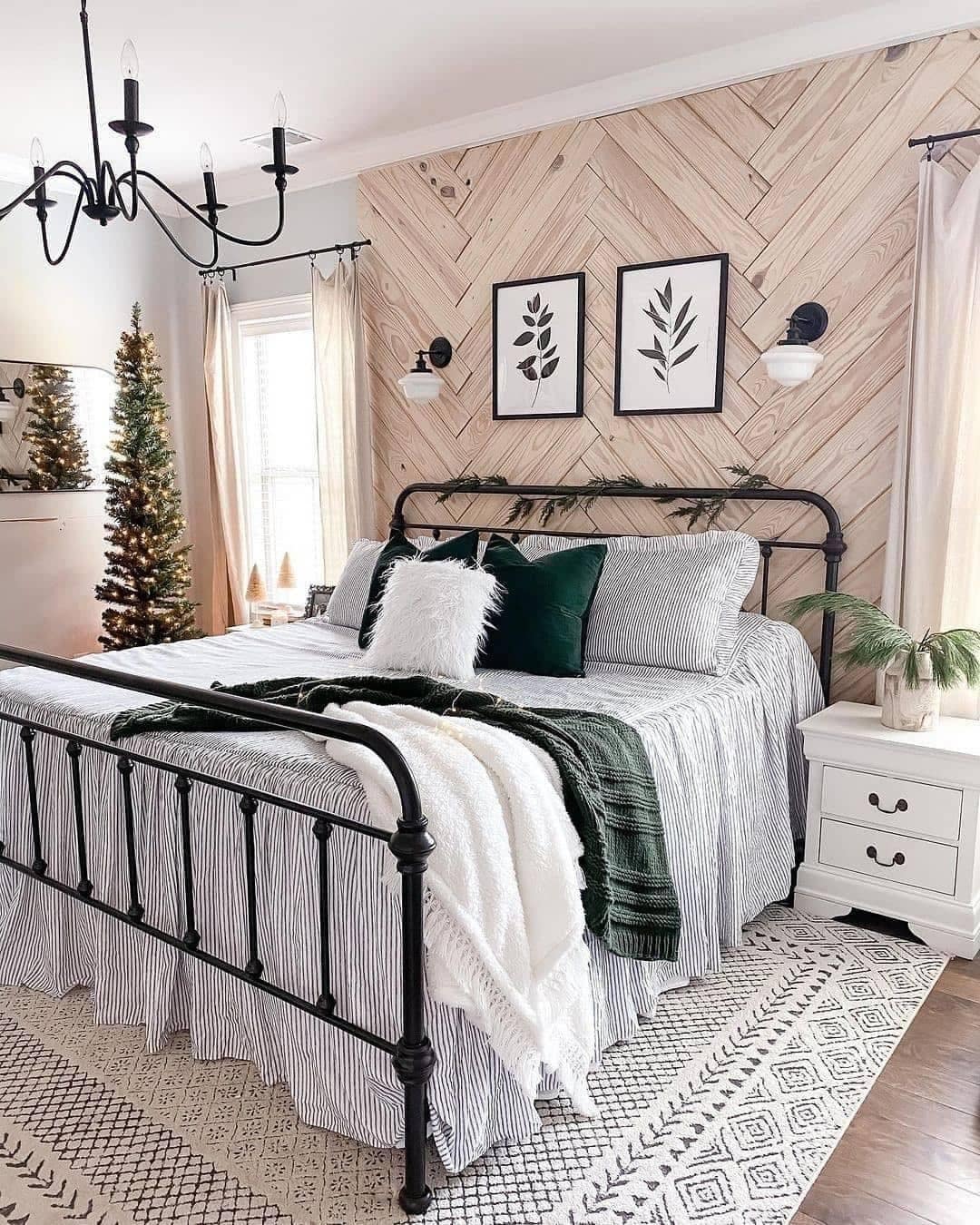 9. Modern Farmhouse Bedroom with Herringbone Wood Feature Wall - farmhouse bedroom ideas