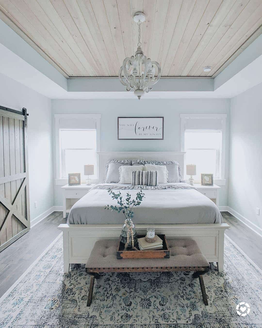 12. Soft Blue Farmhouse Bedroom with Whitewashed Ceiling - farmhouse bedroom ideas