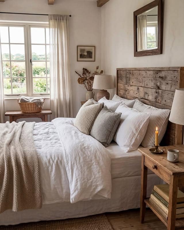 14. Rustic Beige Farmhouse Bedroom with Natural Wood Details - farmhouse bedroom ideas