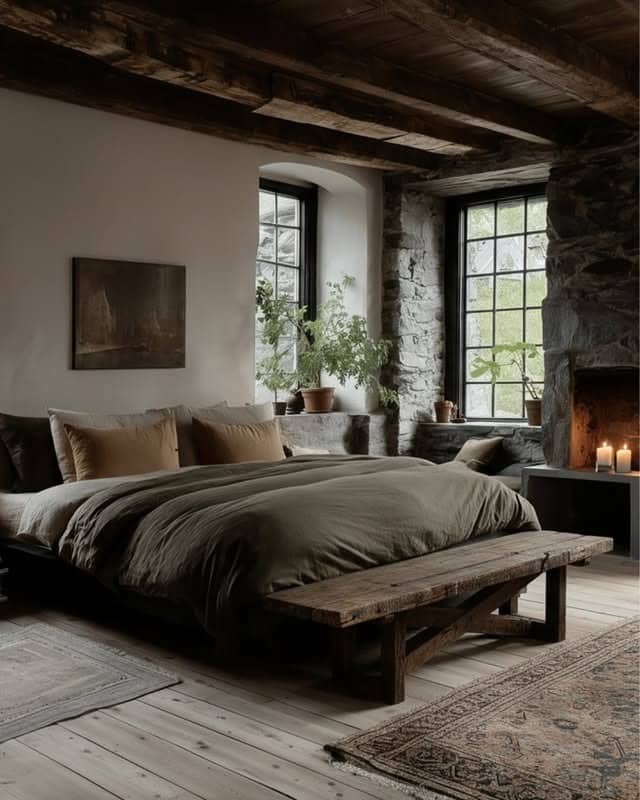 15. Moody Rustic Farmhouse Bedroom with Stone Fireplace - farmhouse bedroom ideas
