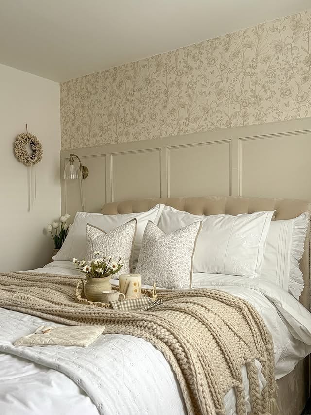 16. Cream Farmhouse Bedroom with Floral Wallpaper Accent - farmhouse bedroom ideas