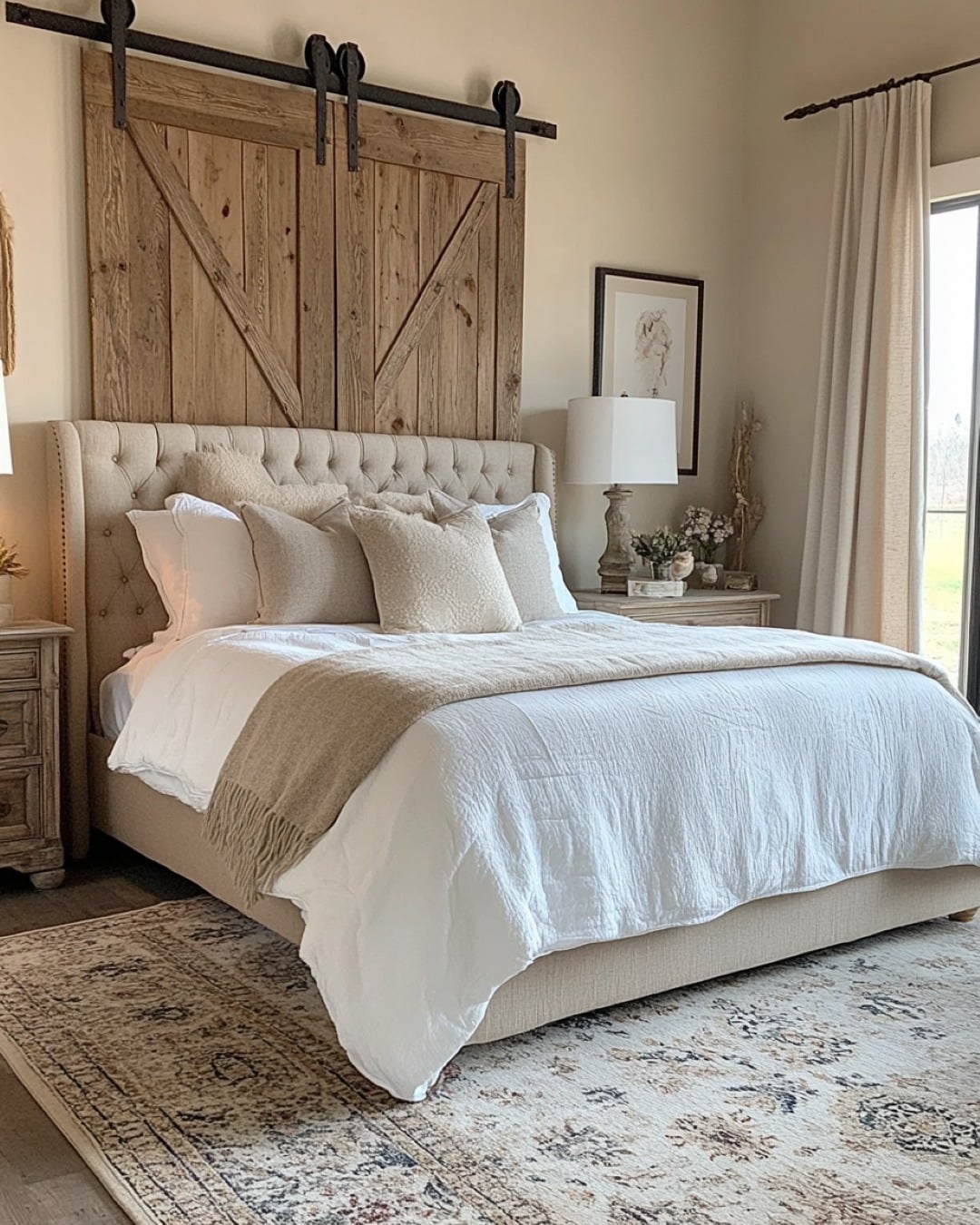 19. Neutral Farmhouse Bedroom with Barn Door Wall Feature - farmhouse bedroom ideas