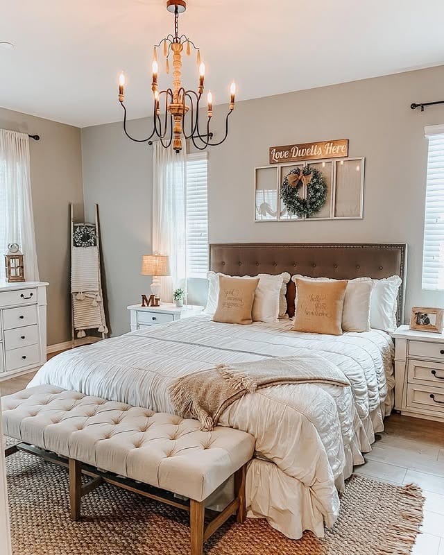 21. Warm Beige Farmhouse Bedroom with Tufted Upholstered Bed - farmhouse bedroom ideas