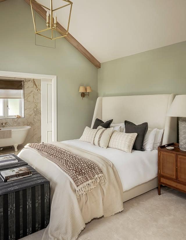 22. Sage Green Farmhouse Bedroom with Soft Modern Details - farmhouse bedroom ideas