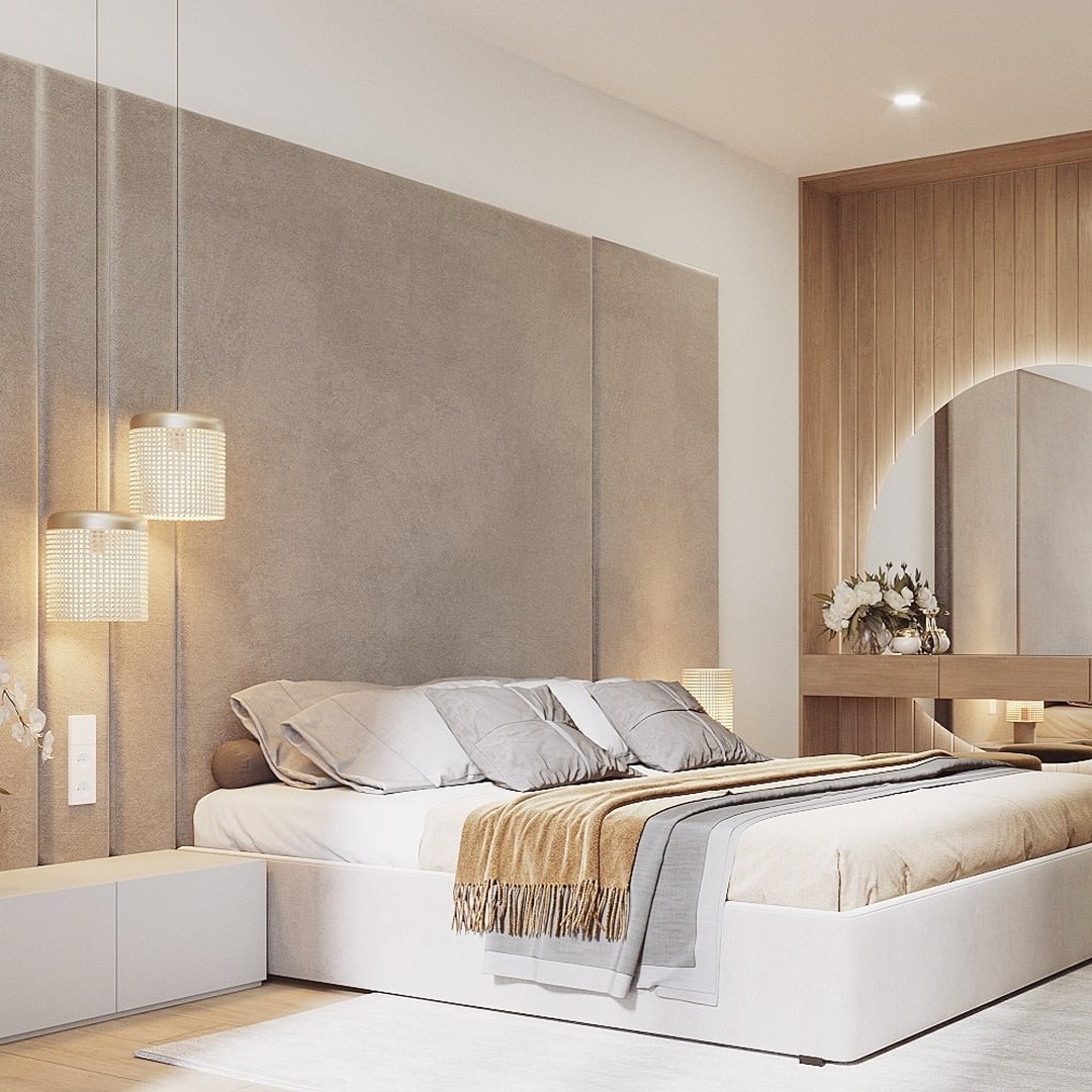 3. Greige Bedroom with Modern Panel Detailing - beige bedroom ideas