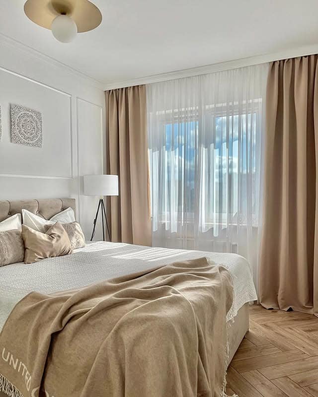 10. Beige and Ivory Bedroom with Airy Curtains - beige bedroom ideas