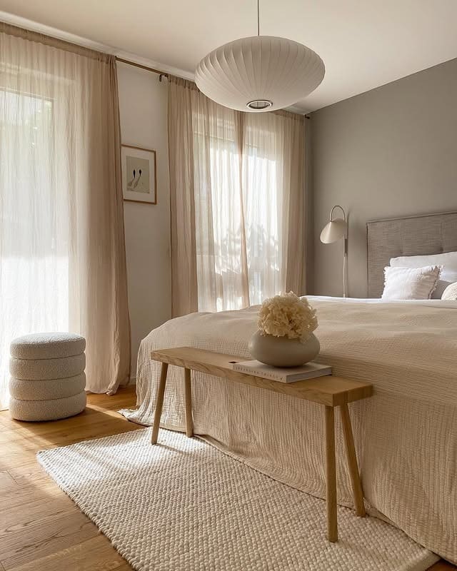 13. Warm Ivory Bedroom with Sheer Drapery - beige bedroom ideas