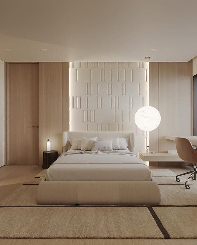 15. Modern Beige Bedroom with Sculptural Wall Design - beige bedroom ideas