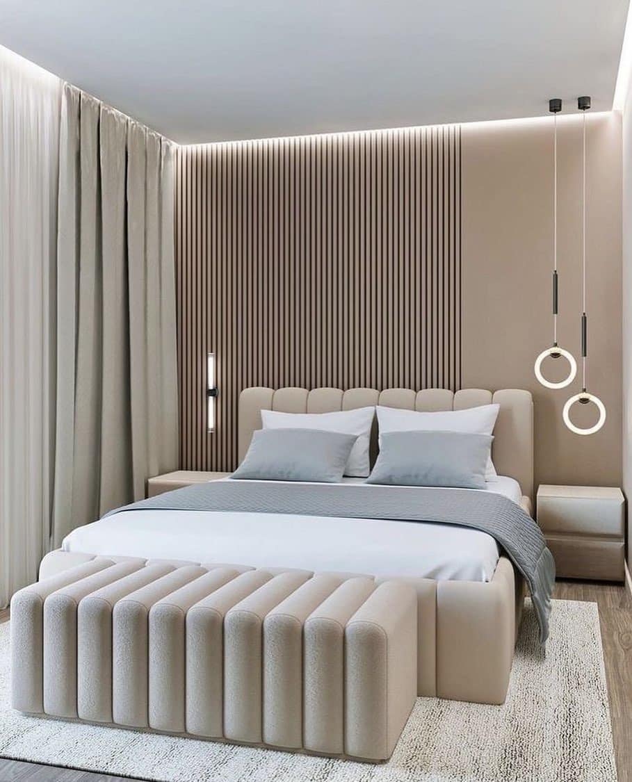 17. Contemporary Taupe Bedroom with Vertical Paneling - beige bedroom ideas