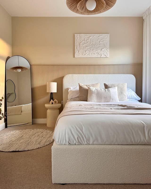 19. Sandy Beige Bedroom with Slatted Wall Feature - beige bedroom ideas