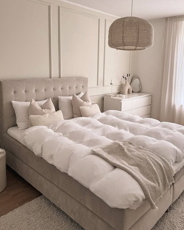 20. Soft Greige Bedroom with Plush Bedding - beige bedroom ideas