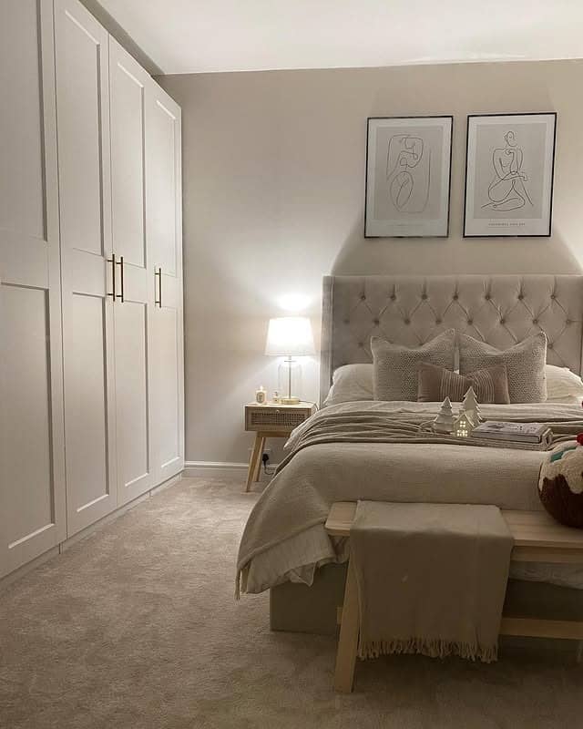 21. Taupe Beige Bedroom with Tufted Elegance - beige bedroom ideas