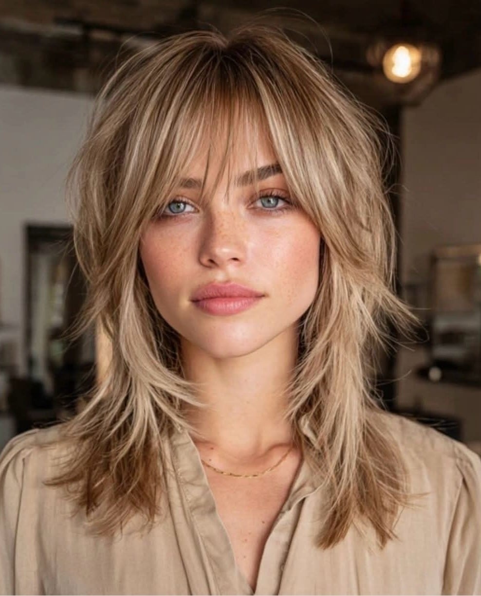 6. Champagne Blonde Piecey Layered Shag - Medium Layered Shag