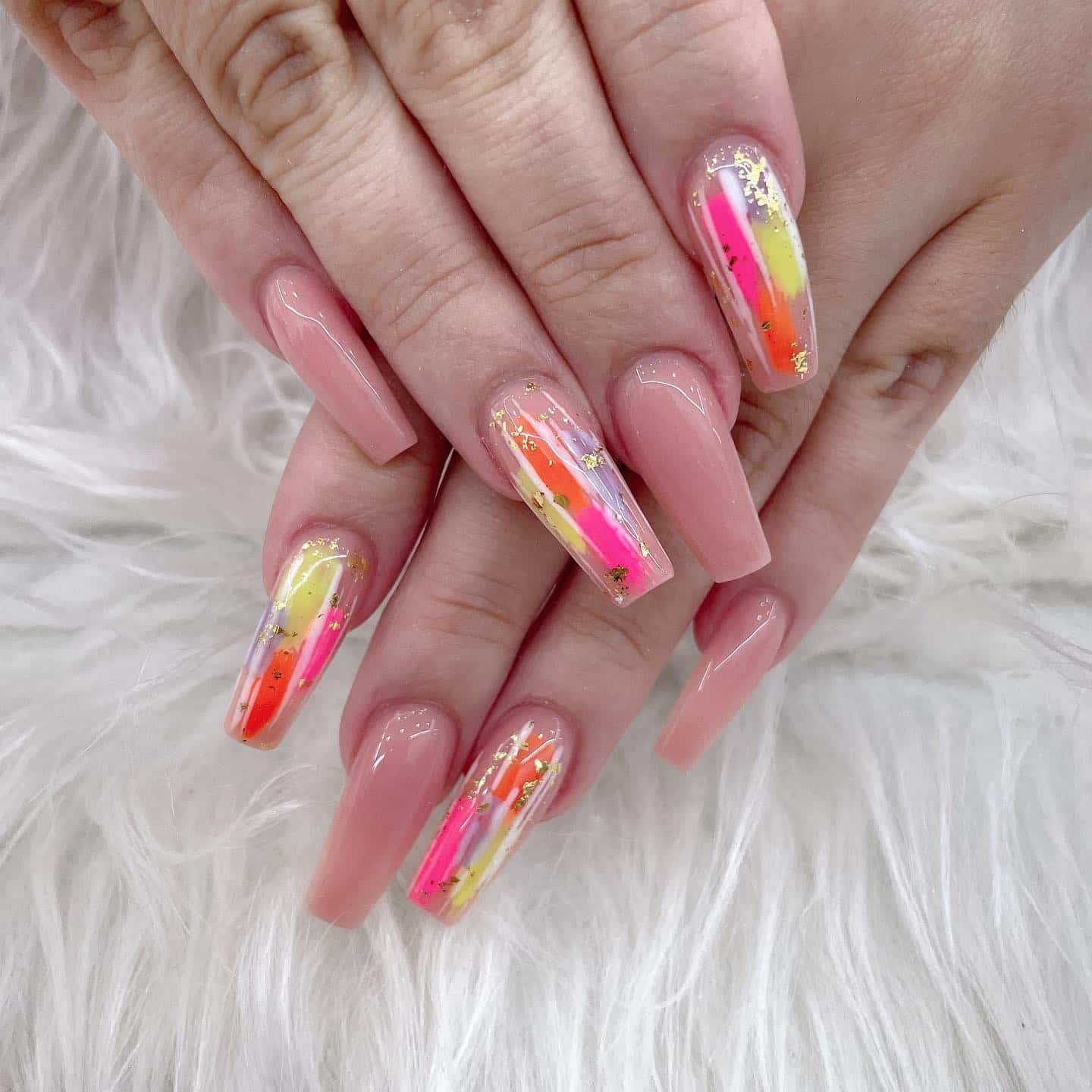 2. Nude Coffin Nails with Neon Art - coffin nail ideas