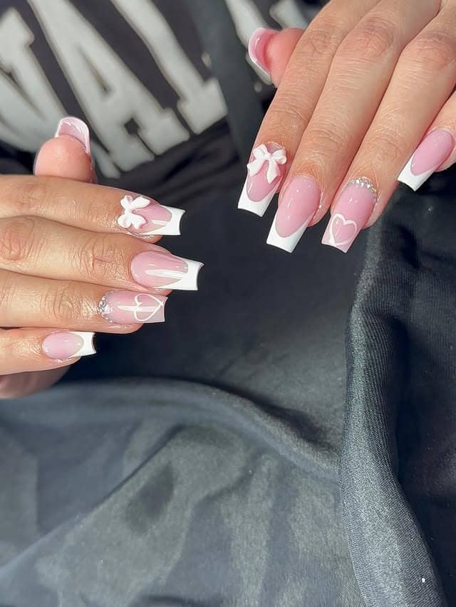 6. Pink and White Bow Coffin Nails - coffin nail ideas