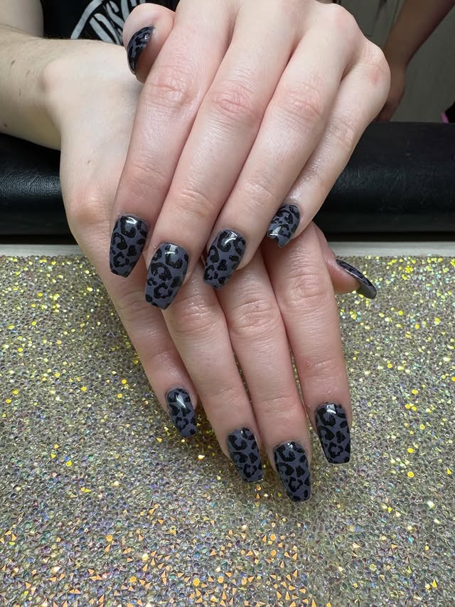 7. Matte Black Leopard Coffin Nails - coffin nail ideas