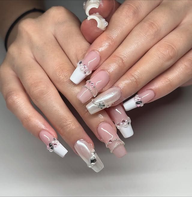 8. White Chrome Coffin Nails with Gems - coffin nail ideas