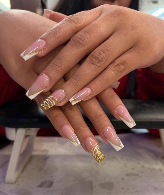 10. White French Coffin Nails with Gold Lines - coffin nail ideas