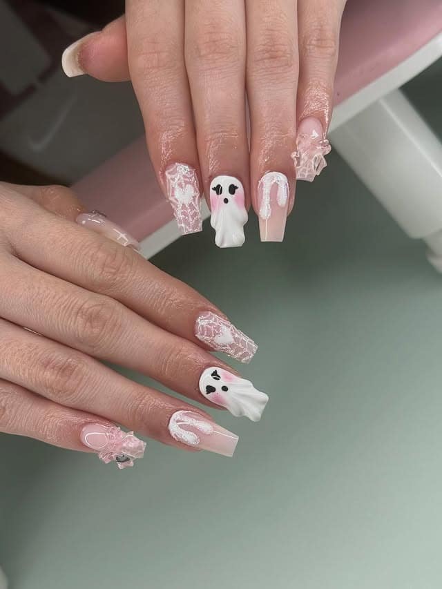 11. Pink Ghost Coffin Nails - coffin nail ideas