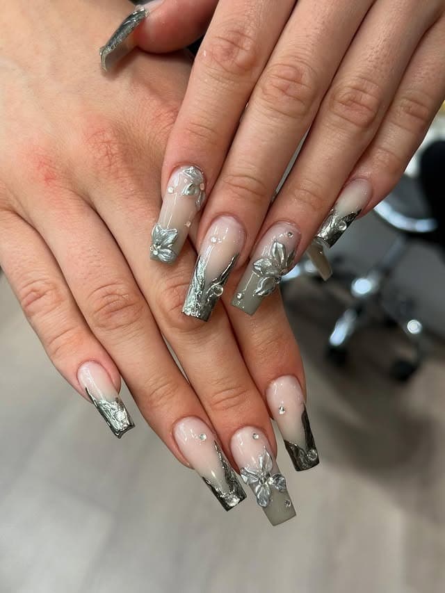 12. Silver Chrome Floral Coffin Nails - coffin nail ideas
