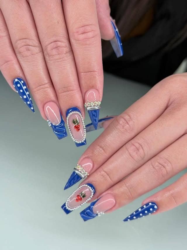 13. Royal Blue Cherry Coffin Nails - coffin nail ideas
