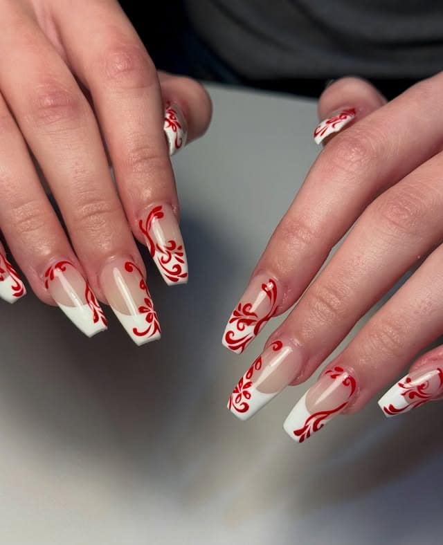 15. Red Swirl French Coffin Nails - coffin nail ideas
